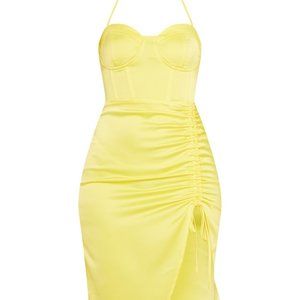 Pretty Little Thing Yellow Satin Corset Detail Ruched Side Midi Dress Size 8 NWT
